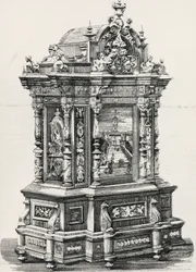 Ibenholt skab med indlæg af møbelsnedker Alessandro Monteneri fra Perugia (aktivt 19.-20. århundrede), illustration fra italiensk udstilling i 1881 i Milano, Italien