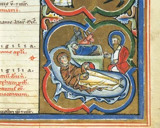 Elizabethansk kalender, december, fødselsdag (pen & blæk, tempera og bladguld på vellum)