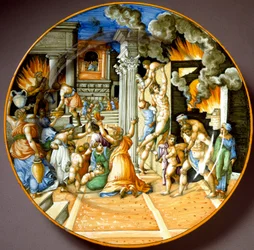 Æneas og hans far Anchises under Trojas brand. Keramiktallerken fra Urbino. Omkring 1560. Museo Nazionale del Bargello, Firenze