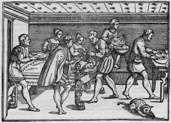 Indgravering af 1574 i "" Della Cirurgia "" "(Om kirurgi) af Giovanni Andrea dalla Croce italiensk kirurg.