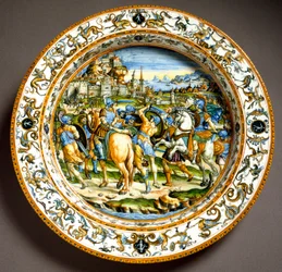 Episode fra Julius Cæsars liv. Keramiktallerken fremstillet i Urbino på Fontana-værkstedet, Italien. Omkring 1550, Firenze, Museo Nazionale del Bargello