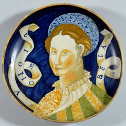 Fajancebægeret »Lionora Bella«, fremstillet i Casteldurante. 16. århundrede. Écouen, Musée national de la Renaissance