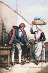 Fiskehandler og bonde, illustration fra Costumes of Istria, Italien