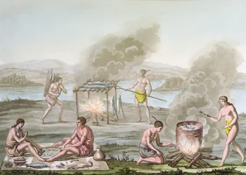 Florida-indianere tilbereder og laver mad, c.1820