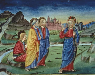 Fol.103v Efter forvandlingen beder Kristus apostlene om ikke at afsløre dette før efter opstandelsen (vellum) (detaljer)