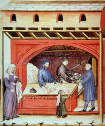 Fol.62v Salg af salt, illustration fra Tacuinum Santiatis Codex Vindobonensis