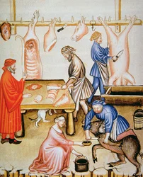 Fol.74v The Butchers: Pig Meat, illustration fra Tacuinum Santiatis Codex Vindobonensis