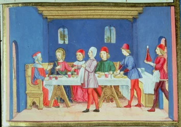Fol.75v Jesus under måltidet i farisæerens hus spørger, om han får lov til at helbrede på sabbatten (vellum)