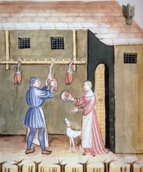 Fol.78v The Butchers: Selling Animal Hearts, fra Tacuinum Sanitatis Codex Vindobonensis