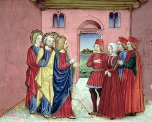 Fol.89R Farisæerne præsenterer for Kristus en kvinde, der er grebet i hor (vellum)