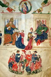 Stiftelsen af universitetet i Bologna af kejser Theodosius II (408-450) og de privilegier, der er tildelt af pave Paul II (1417-71) (vellum)
