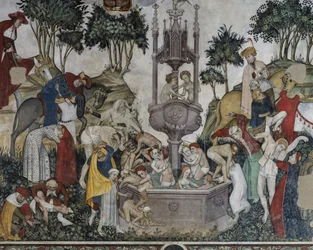 Fountain of Youth, detalje fra Fountain of Youth, fresco i Baronial Hall, Castle of Manta, Saluzzo, Piemonte, Italien