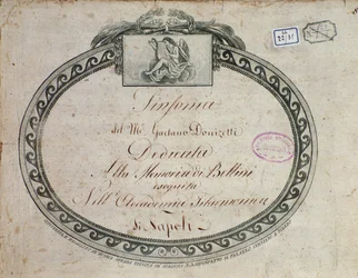 Frontispice-detalje af "Symfoni i Es-dur: dedikeret til minde om Bellini" af Gaetano Donizetti (1797-1848).