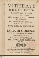 Frontispice fra en tidlig kopi af Mitridate, re di Ponte, en opera af Wolfgang Amadeus Mozart, 1770