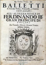 Frontispice af musikpartitur af Balletti a tre, opera III af Tomaso Albinoni (1671-1750)