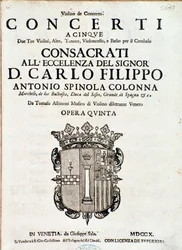 Frontispice af musikalsk partitur af "Concerti a cinque, opera 5" af Tomaso Albinoni
