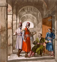 Georgiske mænd, der taler sammen og ryger i en arkade, ca. 1820