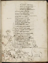 Harley 2453, f.55 En jagtscene med en orne, en kronhjort, jægere, hunde og en hare, fra 