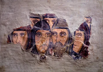 Hoveder af orientalske munke. Kalkmaleri fra St Silvia oratorium, 9. - 10. århundrede