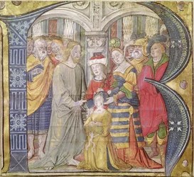 Historikert initial B, der skildrer Kristus, der helbreder en besat kvinde