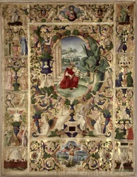 Historik initial B, der viser kong David, der spiller en bratsch