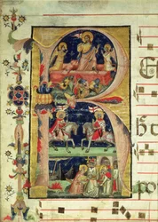 Historikert initial R, der viser opstandelsen, to ridderhelgener og en biskophelgen, der modtager relikvier