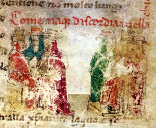 Hvordan uenigheden opstod i Romerkirken: skismaet mellem 1378 og 1417. Manuskript fra det 14. århundrede i »Croniche del Sercambi«. Statsarkivet, Lucca.