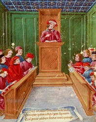 Humanisme:"" Undervisning i notarialret ved universitetet i Bologna"" Miniature fra et manuskript fra det 15. århundrede Museo Civico, Bologna
