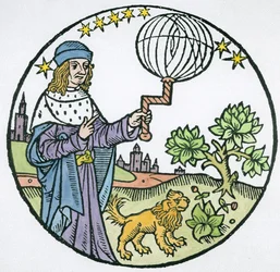 Ideelt portræt af Aristoteles (384-322 f.Kr.), kopi af en illustration fra Aristoteles cum Leonardi Aretini Commentariis, Venedig 1516, brugt i en magihistorie, udgivet i slutningen af det 19. århundrede (la