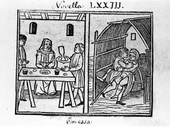 Illustration til nyhederne 73 (Ny 3 af den ottende dag) af "Decameron"" af Giovanni Boccaccio dit Jean Boccaccio (1313-1375), italiensk forfatter. Gravering i "" Decamerone ouer Cento nouelle"" Venedig, Bartolomeo de 