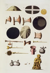 Inkaværktøjer og artefakter, Peru, fra Le Costume Ancien et Moderne, bind II, plade 22, af Jules Ferrario, udgivet ca. 1820