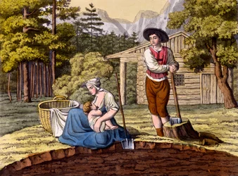 Indbyggere i de østrigske alper, der laver et hus, fra Costumi dei Romani, Svizzeri.. ca. 1800-18