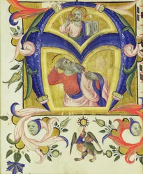Indledende A, der forestiller Jesus Kristus og en helgen, tidligt på den 14