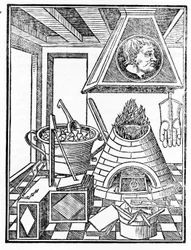 Indvendigt billede af et metallurgiværksted Gravering fra "Voarchadumia contra alchimiam ars distincta ab archimia et sophia.." af Giovanni Agostino Pantheo (1517-1535)
