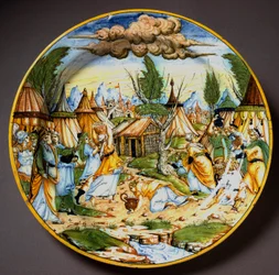 Jøder i ørkenen (eller indsamlingen af manna). Gud bespiser israelitterne, som ellers ville sulte, med vagtelæg og manna (Manna). Keramiktallerken fra Fontana-værkstedet i Urbino, Italien. Omkring 1560. Museo Nazionale del Bargello, Firenze