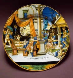 Josef og Potifars hustru. Josef flygter fra Potifars hustru, som forsøger at forføre ham. Keramiktallerken fremstillet i Urbino, Italien. Omkring 1537. Museo Nazionale del Bargello, Firenze