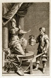 Justice, der afviser den bøddel, der kom til at præsentere lederen af den dømte til døds falske titel (falsk titel) af "Dei Delitti e delle Pene" "(des dækker et des sanktioner), beskæftiger sig med straffeloven for juristen, brev og filosof Cesare Beccari