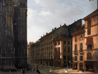 Gangen i Duomo i Milano (Piazza del Duomo) - Anonymt maleri - Olie på træ - 1840 Museo Civico di Milano, Palazzo Morando