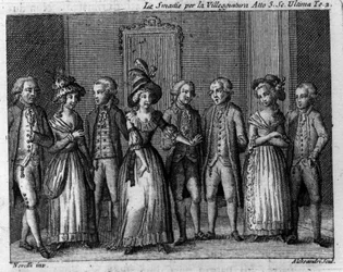 Sidste scene i tredje akt af tegneserien "" Le smania per la villeggiatura"" (Byen) (1761) af Carlo Goldoni (1707-1793). Stik af det 18. århundrede