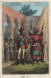 Les sepoys (cipaye, cipahi, cepoy, sipahi), hær sammensat af indianere til tjeneste for East India Company - indisk sepoy (soldat) - gravering fra "Skikke og skikke for alle folk i universet. Det er historien om regeringen, lovene, militsen, d