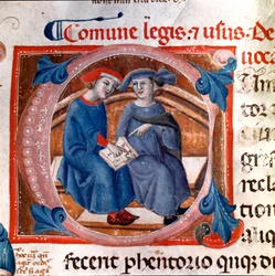 Letterline dekoreret af to tegn. Miniature taget fra codex "Breve delle Leggi comunali"", indeks over lovene i Republikken Pisa (1208-1307). 13. århundrede. Pisa, nationalt arkiv