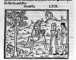 Lidia, en utroskabskone, bliver overrasket af sin mand i Pirros arme. Illustration til nyhederne 69 (Ny 9 af den syvende dag) af "Decameron"" af Giovanni Boccaccio dit Jean Boccaccio (1313-1375), italiensk forfatter. Indgravering i "" Decamerone over Cento
