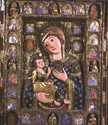 Madonna og barn med evangelister og profeter, centralt panel af triptykon (træ, sølv filigran og emalje) (detalje af 76918)