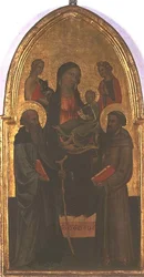 Madonna og barn med hellige (tempera på panel)