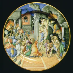 Maiolica-plade, der viser afbrændingen af Troja med Aeneas, der bærer sin far Anchises på ryggen med sin søn Ascanius ved sin side, italiensk