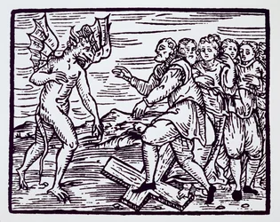 Mandlig heks, der fornægter Kristus, kopi af en illustration fra Compendium Maleticarum af pater M. Guaccius, Milano 1608, brugt i Magiens historie, udgivet sidst i det 19. århundrede