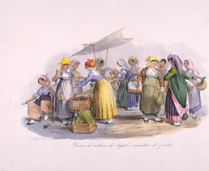 Markedsscene i Napoli, gravering, Italien