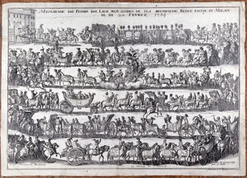 Maskerade: optog og dans af mennesker masker i anledning af karneval. Milano 20/02/1764 Indgravering af det 18. århundrede