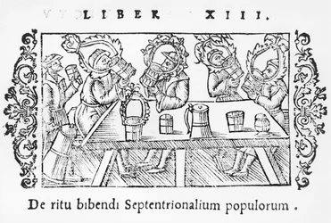 Mænd drikker, illustration fra History of the Northern Nations af Olaus Magnus (1490-1558), udgivet i Rom, 1555