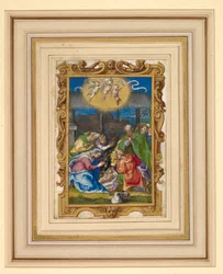 Miniature af fødselaren med den hellige familie og hyrder i en stald, med tre putti med en indskrevet rulle ovenover og bebudelsen til hyrderne i baggrunden (vellum)